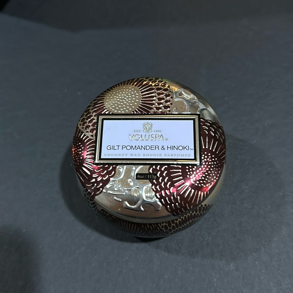 Voluspa candle GILT POMANDER + HINOKI gently burned once SMALL SIZE 1 wick